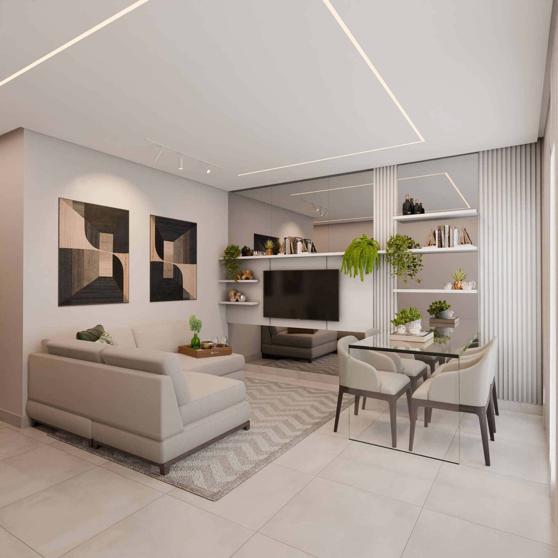 Bright, freshly cleaned open-plan living and dining room with plants and natural light